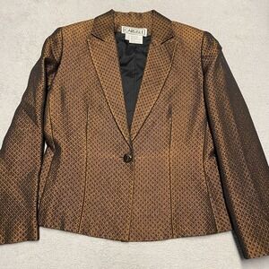 Carlisle Blazer Women 8 Brown Silk Wool Geometric 1 Button Chic Career Vintage
